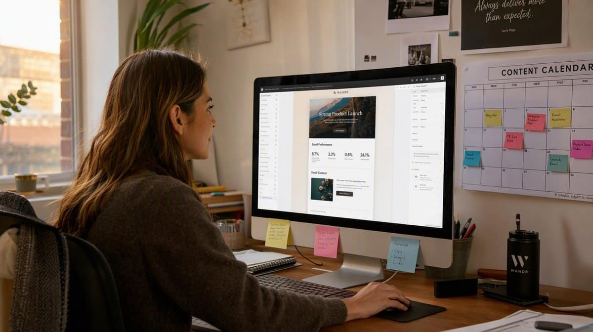 Marketing coordinator reviewing an email campaign beside a printed content calendar