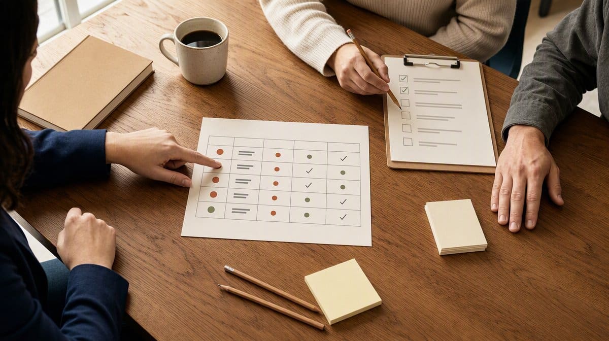 Small business team reviewing a procedure approval scorecard while comparing Grok Bot alternatives