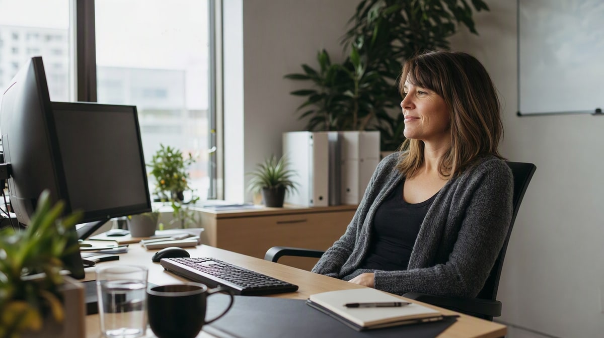 Operations manager leaning back from her keyboard while an automated routine task runs