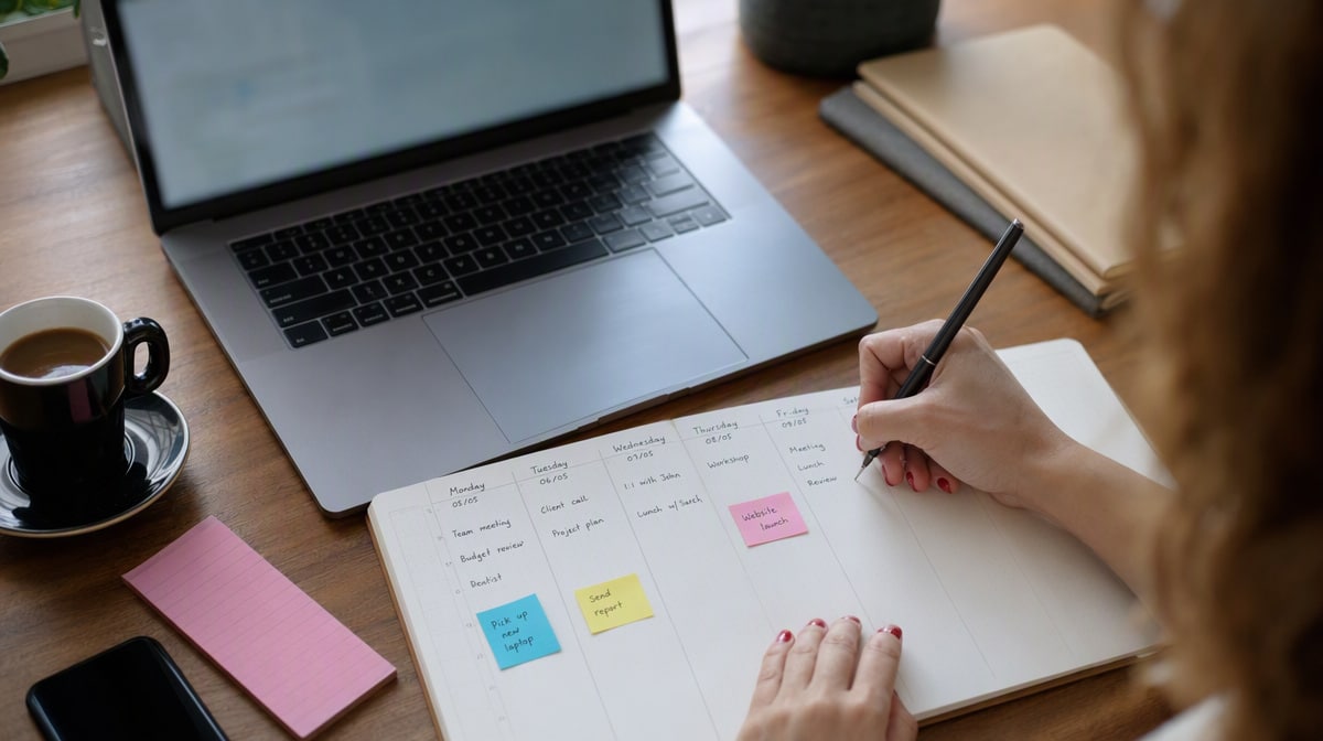 Hands writing a weekly work schedule into a paper planner with coloured priority sticky notes