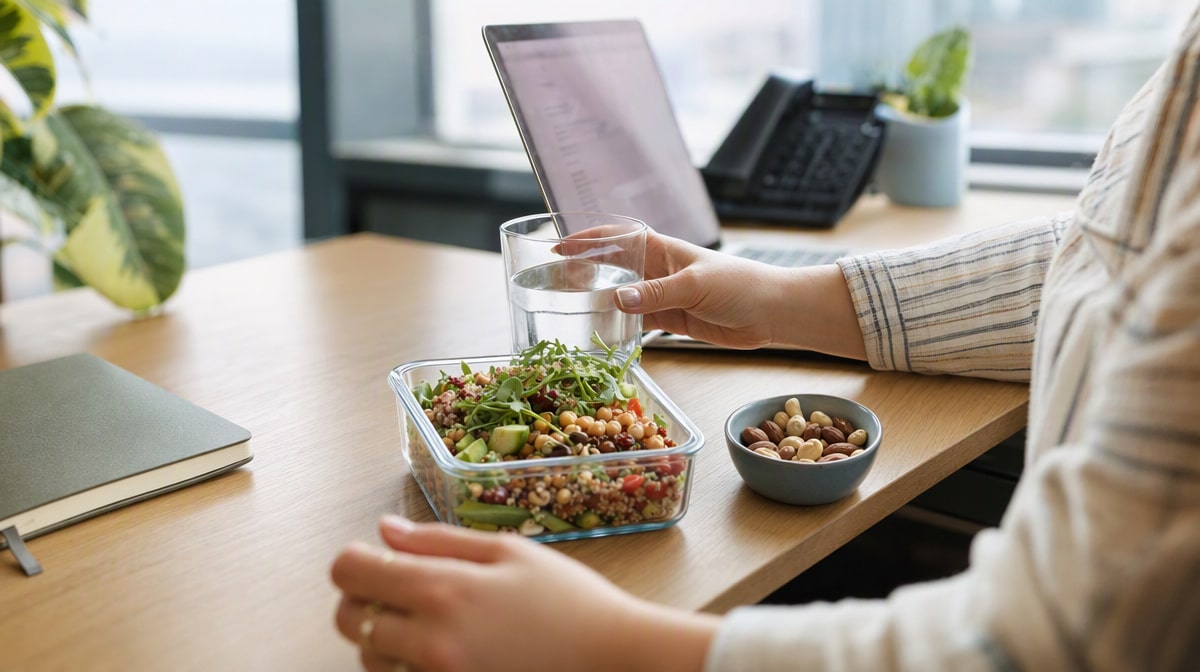 Wholesome packed desk lunch with a glass of water and a bowl of nuts on an office desk