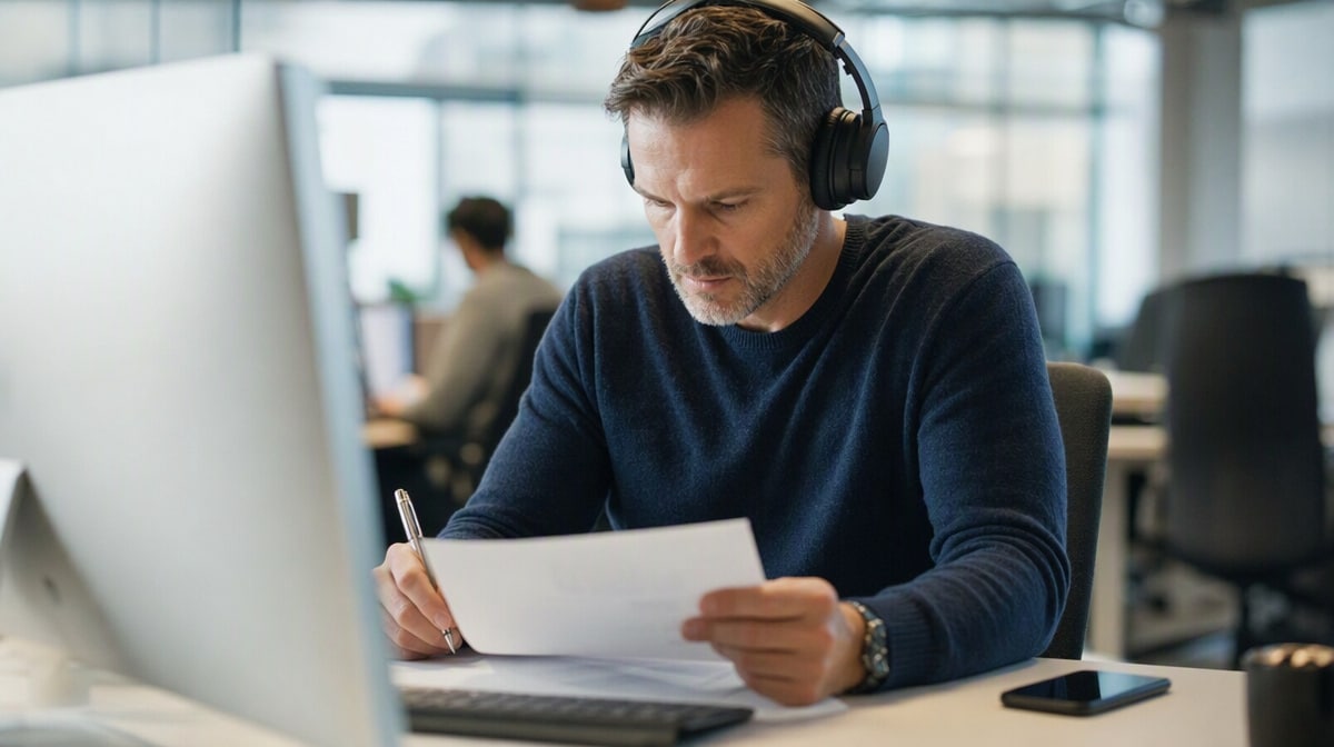 Employee working on a single document with his phone face down and pushed aside to protect focus