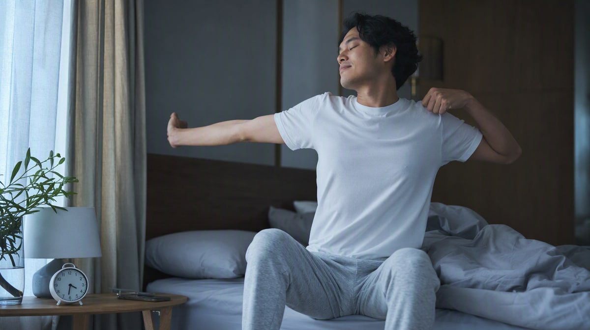 Well rested person stretching on the edge of the bed in soft morning light after a full night of sleep