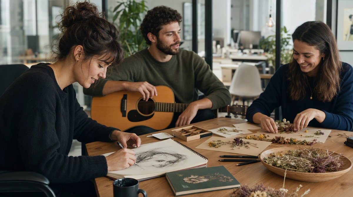 Colleagues sketching, playing guitar and arranging pressed flowers during a creative break at work