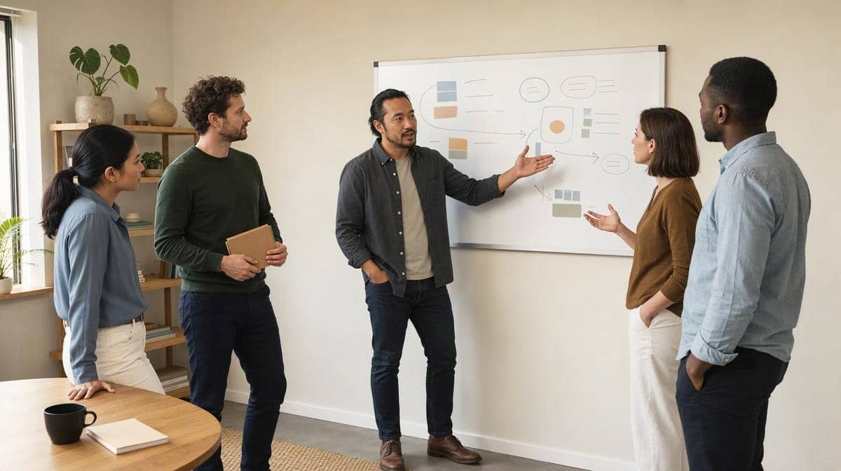 Manager explaining company direction and priorities to a small team