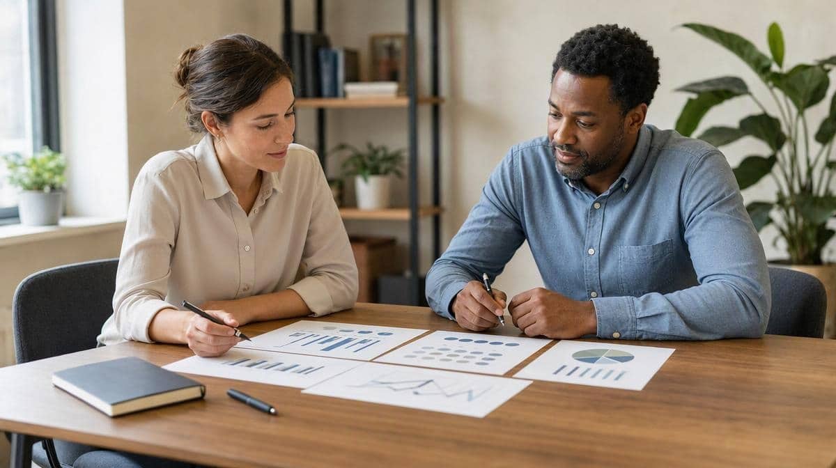 Manager and employee reviewing business objectives and performance measures