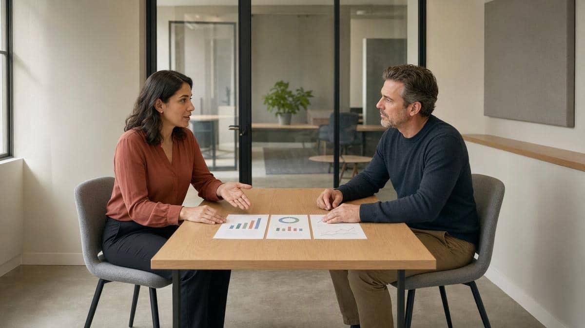 Employee and manager discussing performance evidence during a professional review