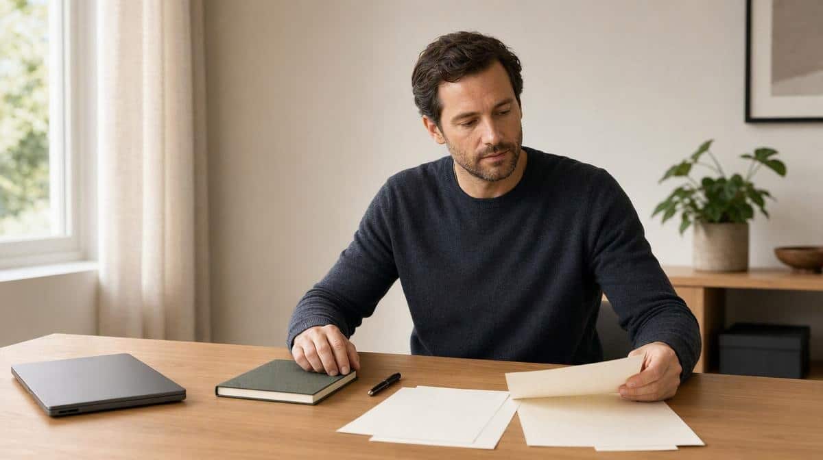 Employee calmly reviewing transfer and job-search options at a desk