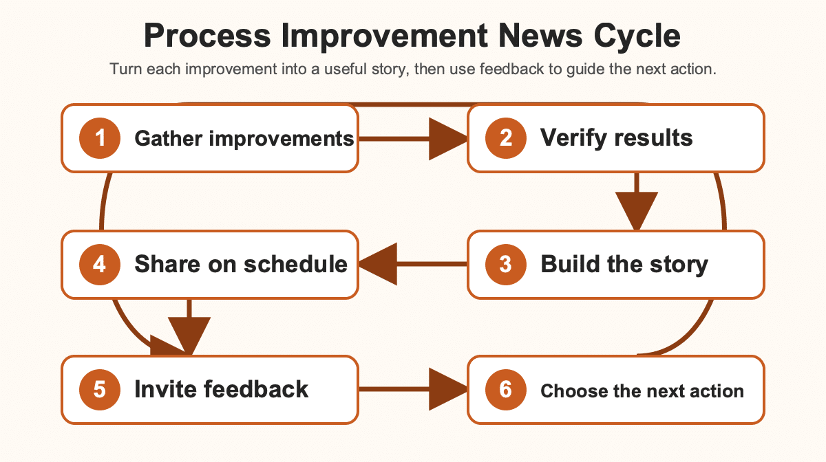 Six-step Process Improvement News cycle: gather improvements, verify results, build the story, share regularly, invite feedback, and choose the next action.