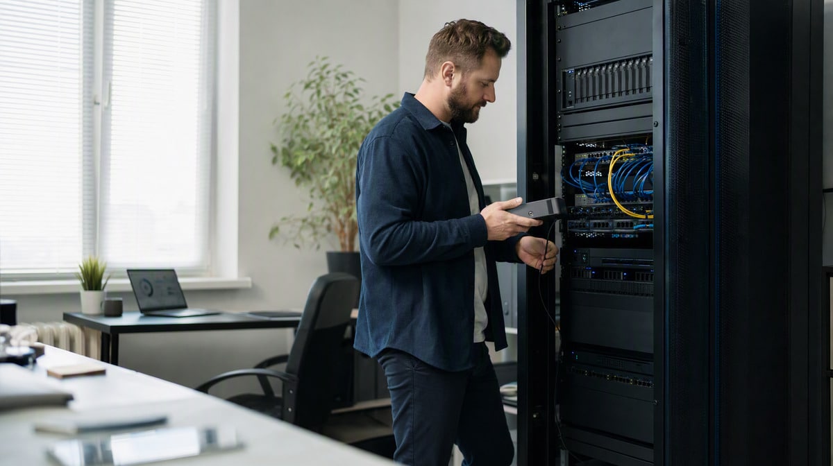 IT administrator checking an external backup drive at a server rack in a small business utility room