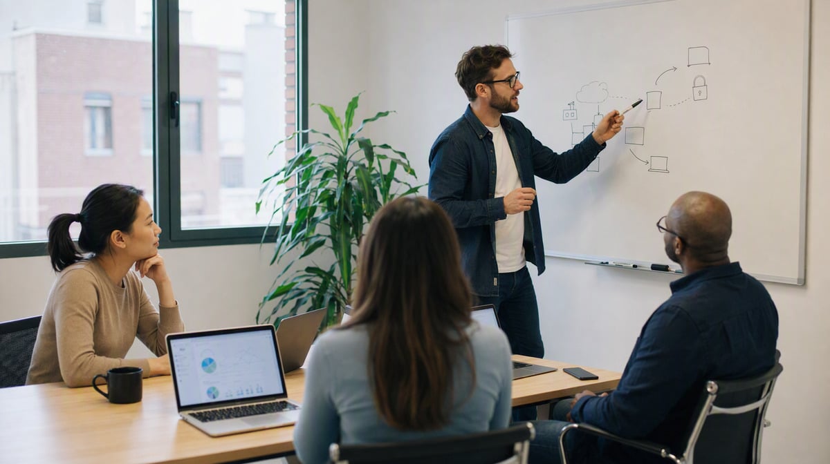 Employees in a meeting room during a short security awareness training session at a whiteboard