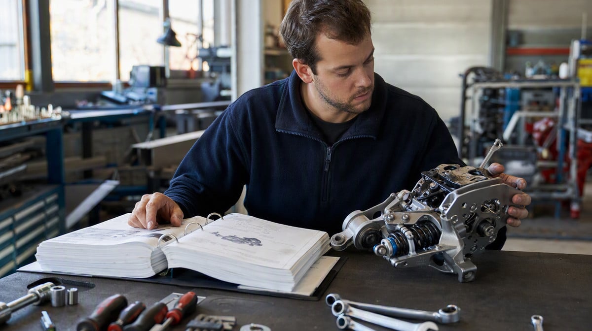 Engineer comparing a technical reference binder with a disassembled engine component
