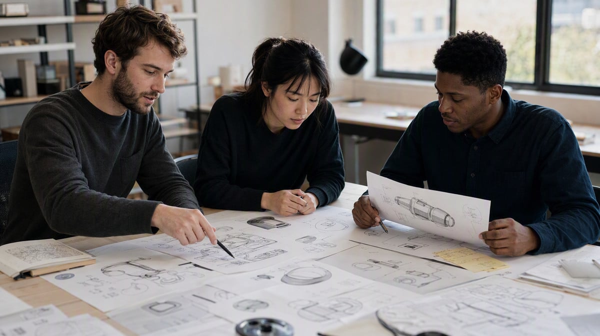 Designers reviewing printed patent drawings and annotated sketches on a table