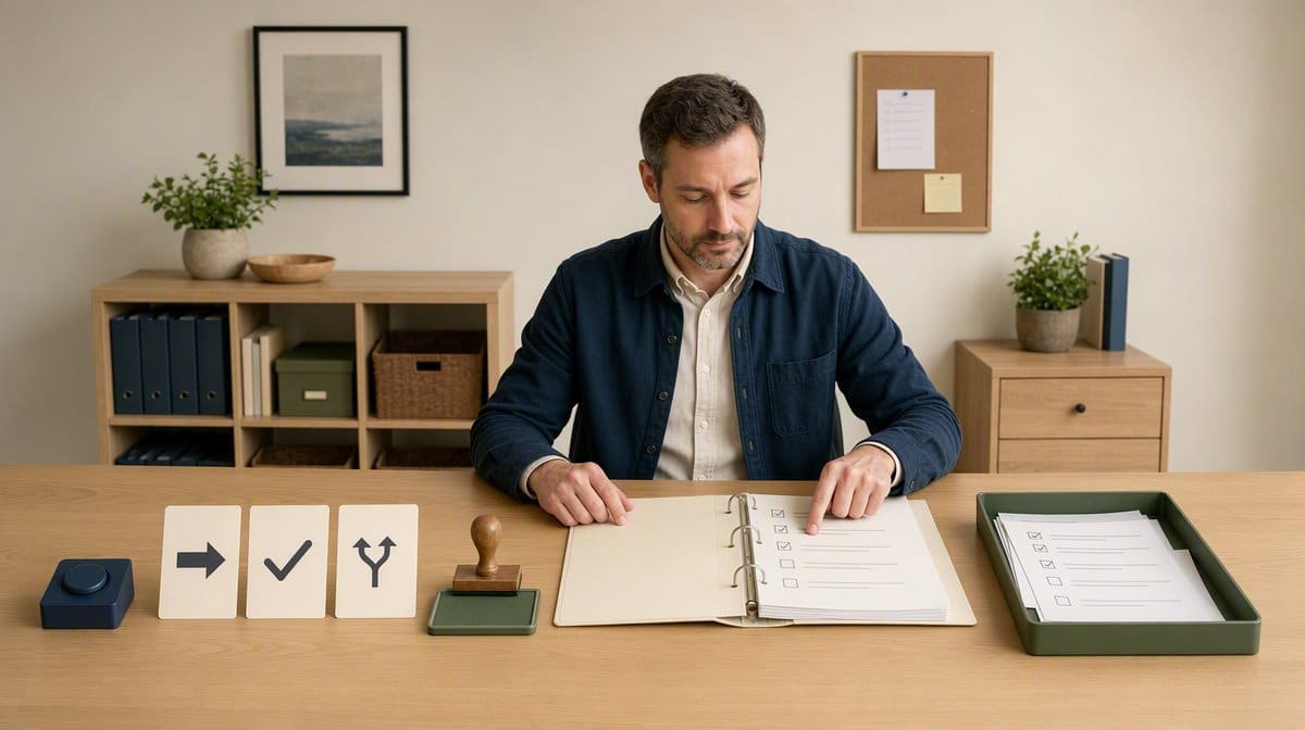 IFTTT alternatives represented by a trigger device, procedure binder, approval station, and evidence tray
