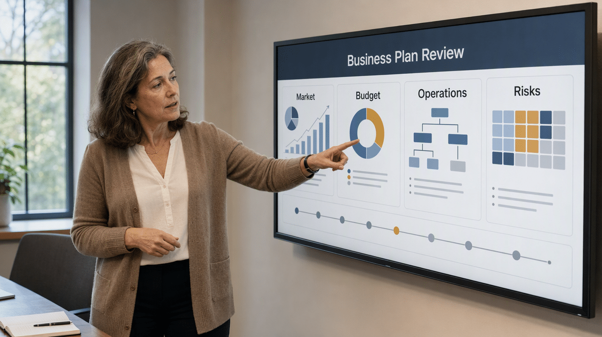 Founder reviewing market, budget, operations, and risk sections of a business plan