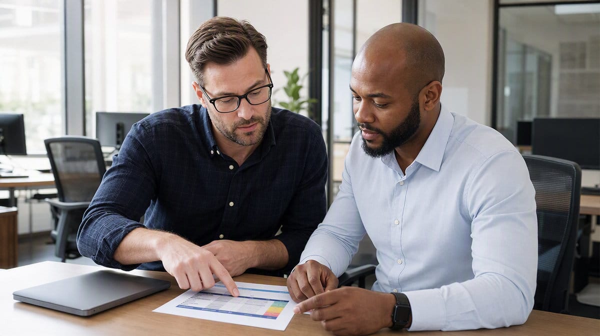 Two operations managers reviewing a printed employee training plan together at a desk