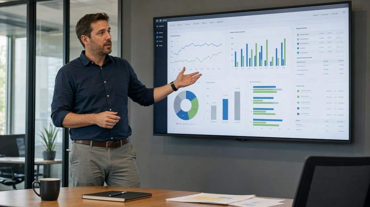 Manager reviewing established and new market performance on a wall dashboard