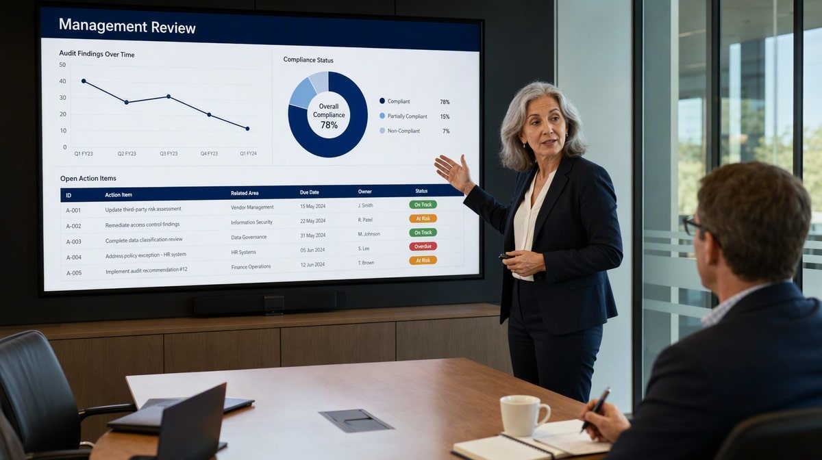Executive presenting a management review dashboard of audit findings and compliance status in a boardroom