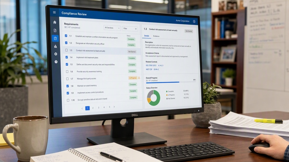 Desk monitor showing a compliance review interface with numbered requirements and status indicators