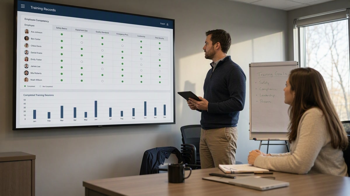 Training coordinator reviewing an employee competency matrix and completed training sessions on a wall display