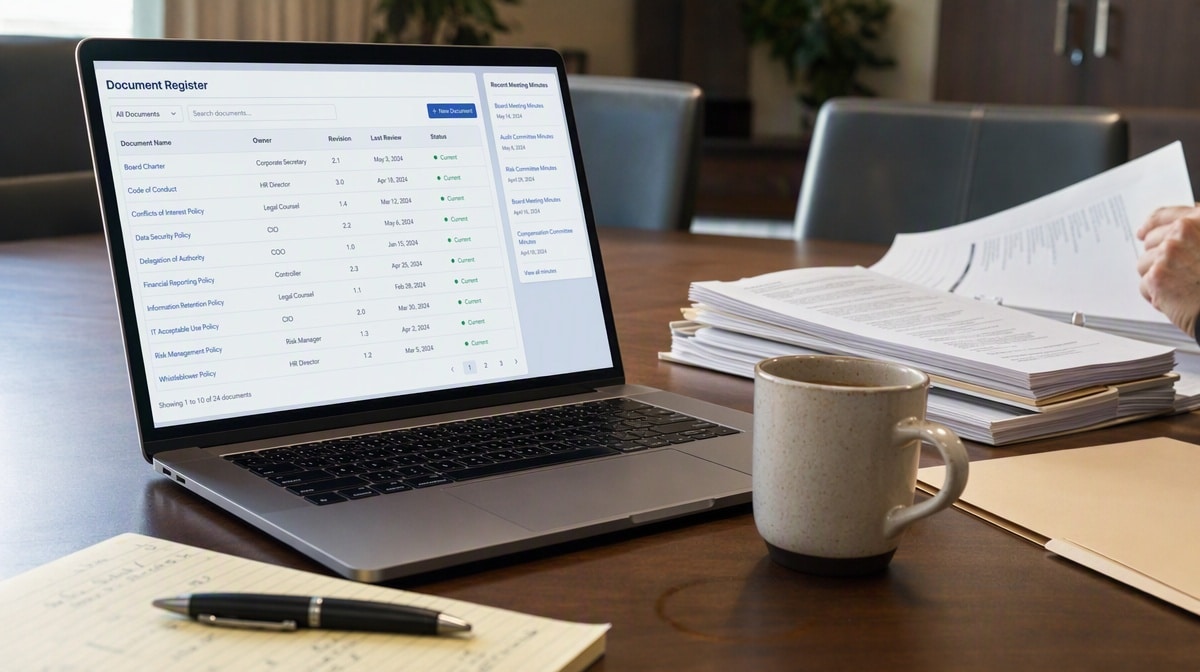 Laptop showing a document register of policies with revision and review dates beside a stack of printed meeting minutes