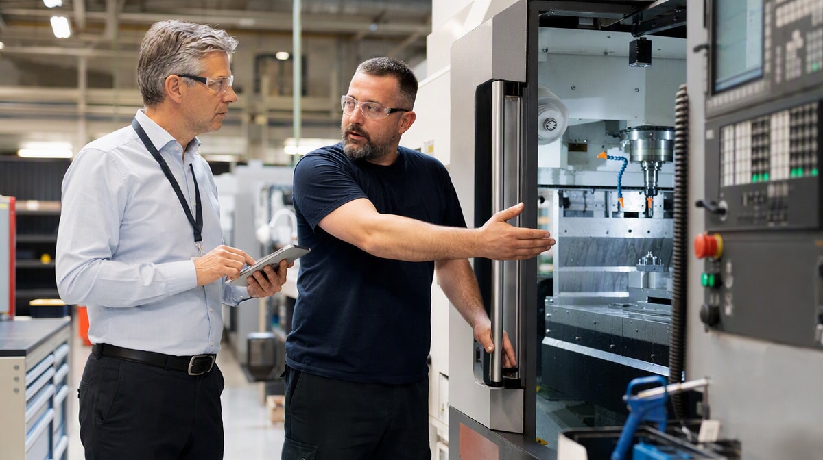 External certification body auditor with a tablet interviewing a machinist beside a CNC machine during a Stage 2 audit
