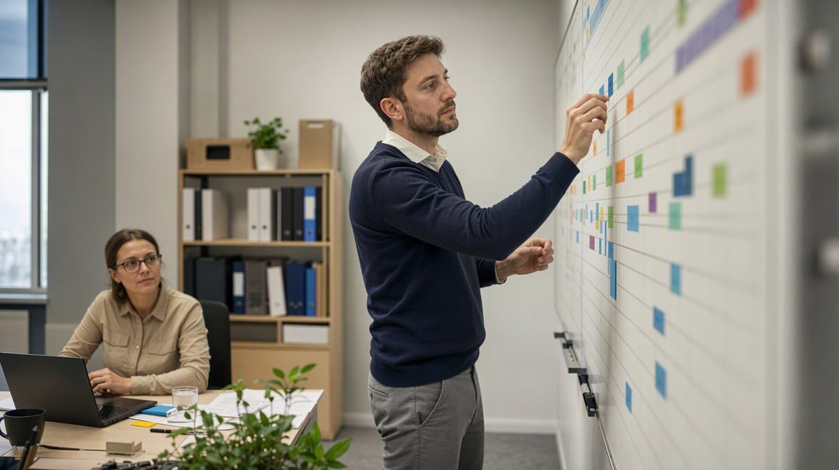 Quality manager mapping the three year ISO 9001 surveillance and recertification audit cycle on an office planning board