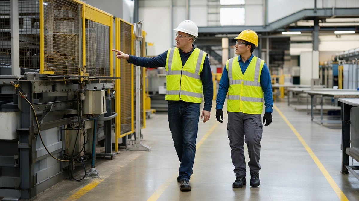 Plant supervisor and machine operator inspecting a guarded machine during a factory floor safety walk