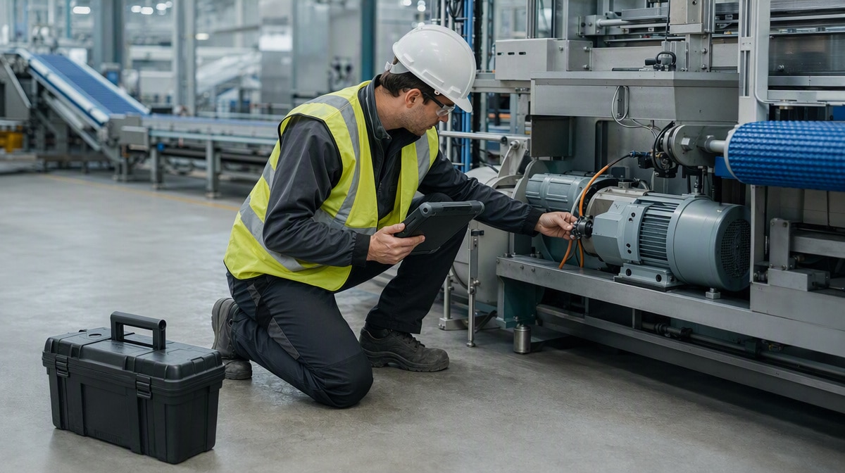 Maintenance technician checking a motor and sensor cabling on a production machine