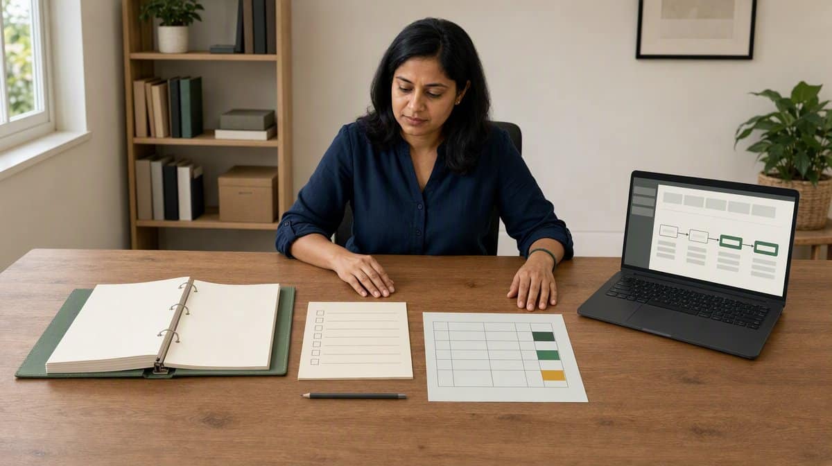 Operations lead comparing a procedure binder, approval checklist, and risk register while evaluating LogicGate alternatives