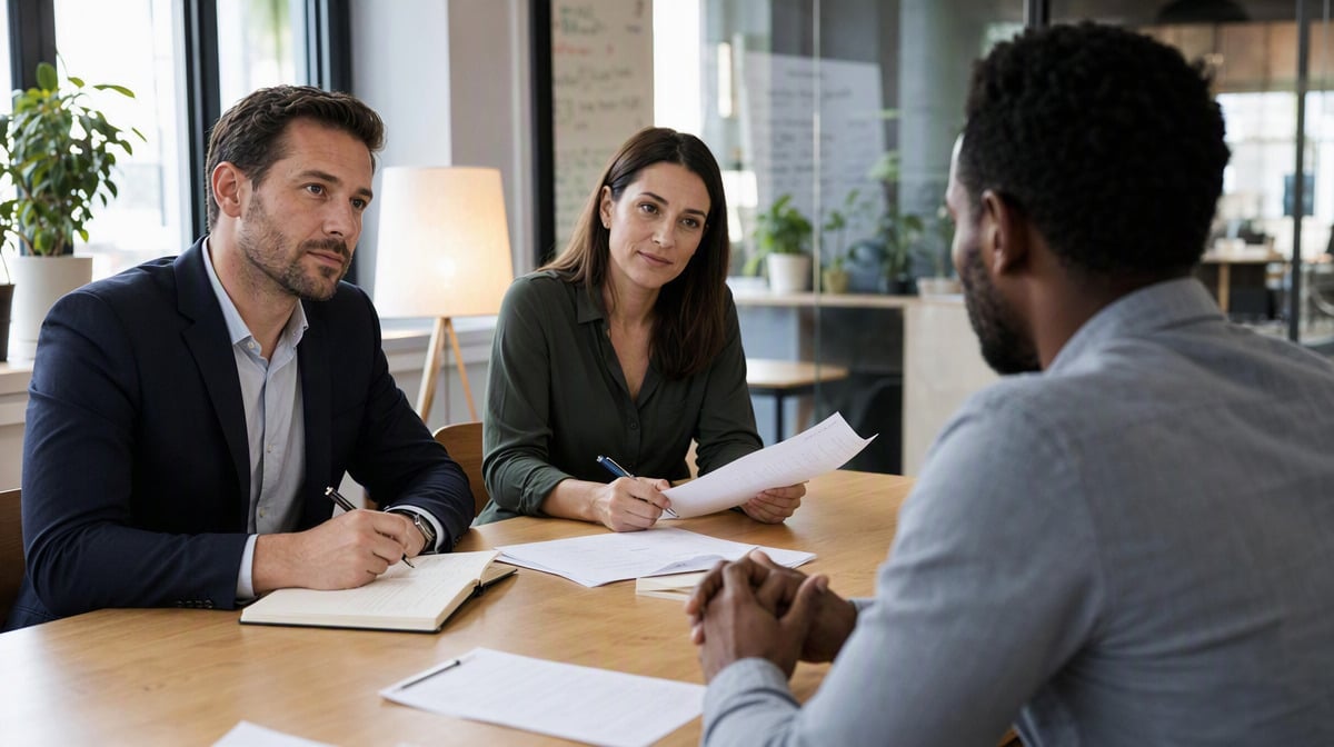 Two interviewers reviewing a candidate scoring sheet during a startup hiring interview