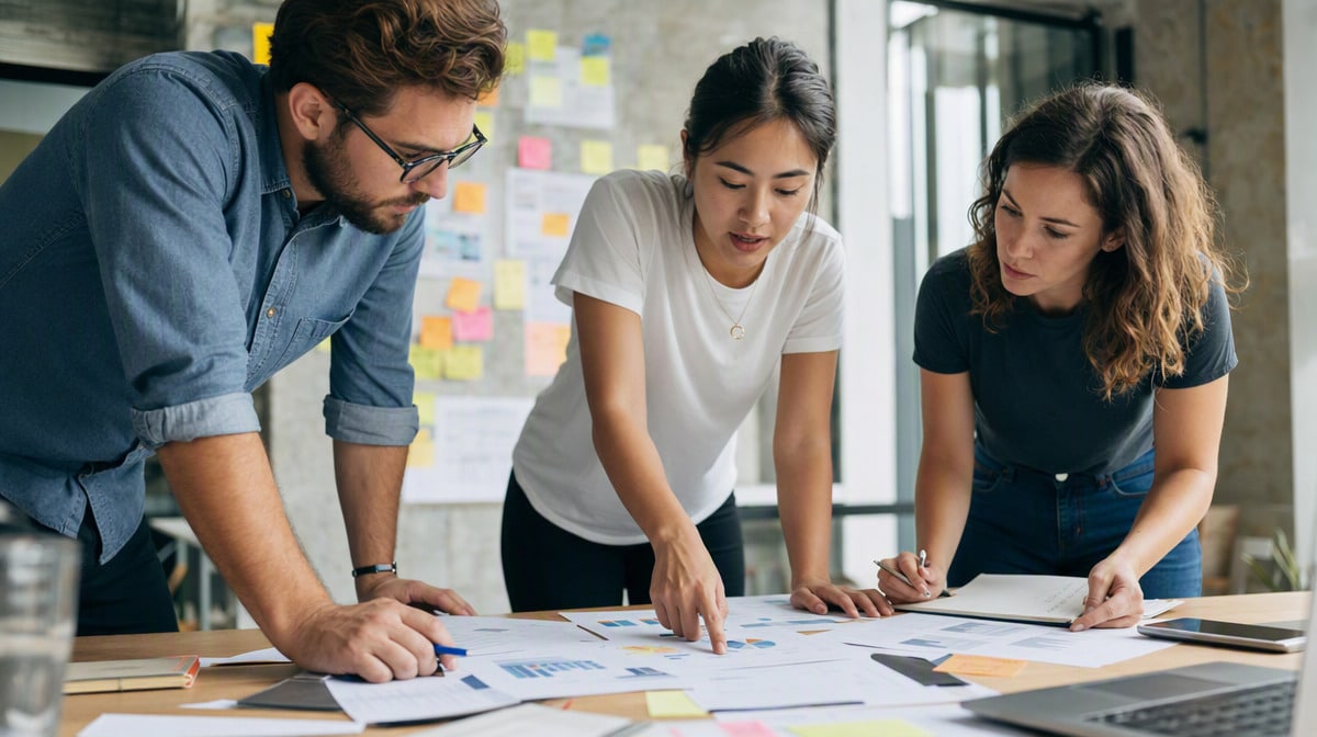 Small marketing team reviewing printed campaign results together at a desk