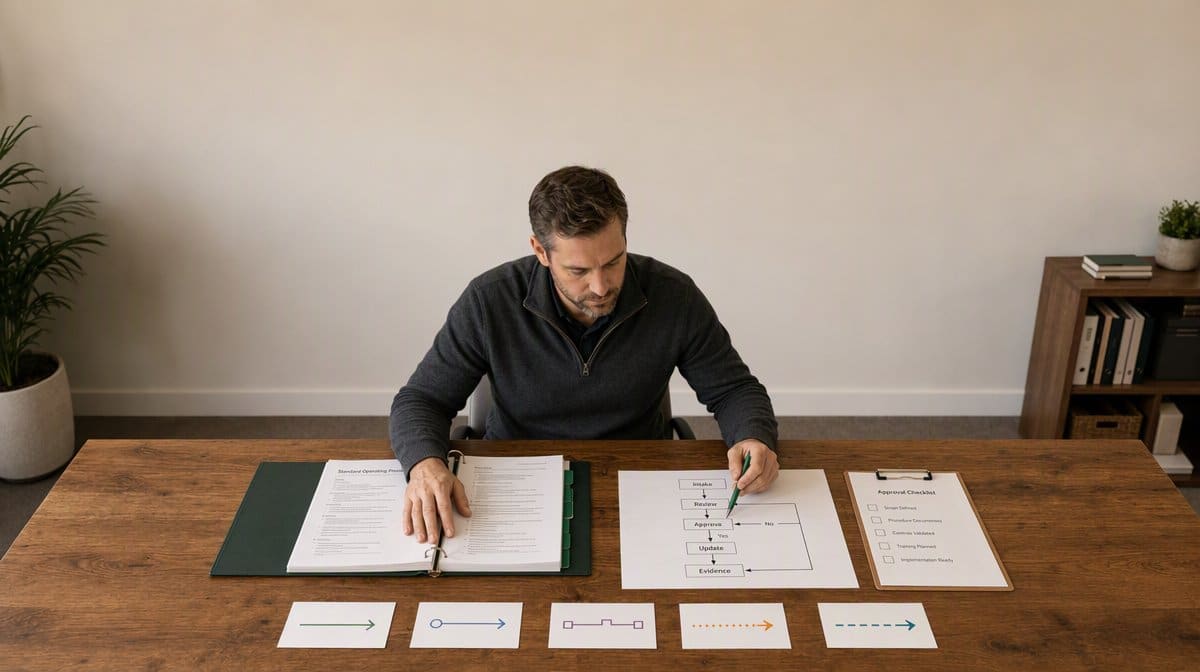 Operations manager comparing a procedure binder, approval checklist, and integration dependency map