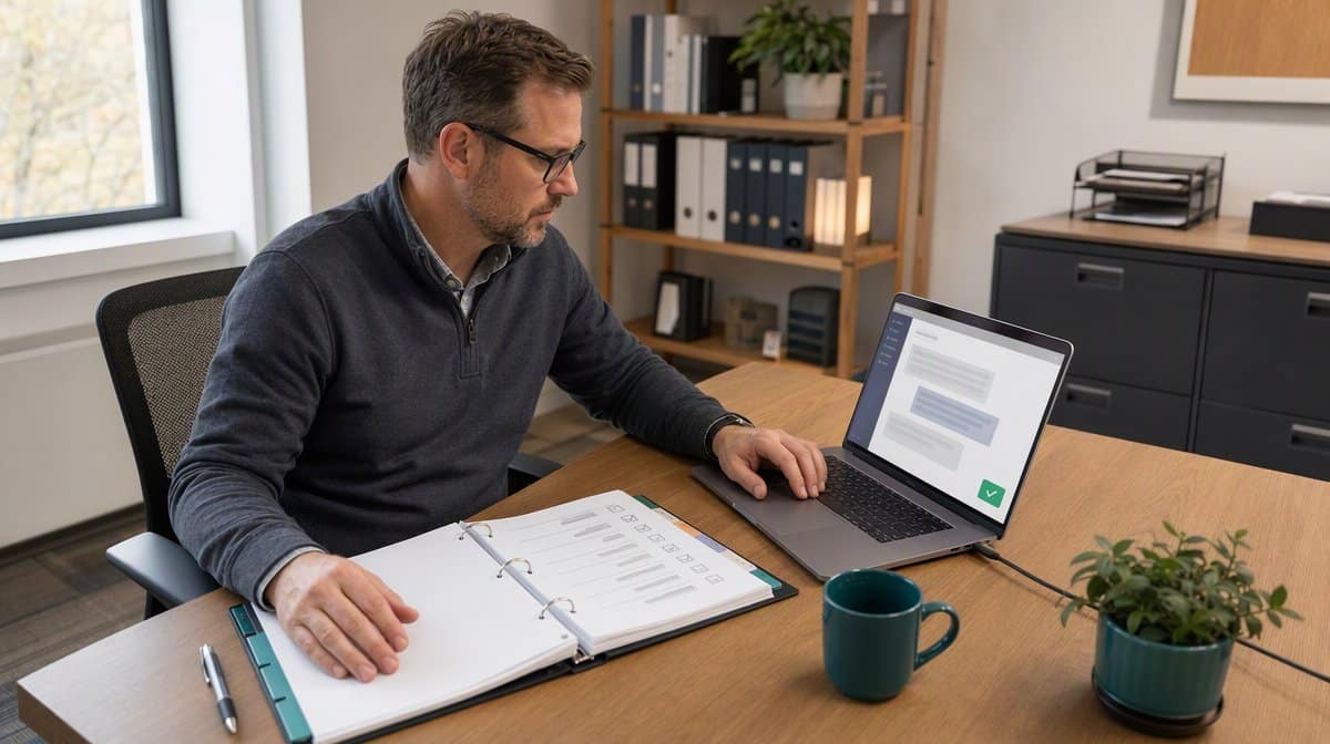 Illustrative small-business operations manager reviewing a procedure checklist beside an AI assistant approval screen