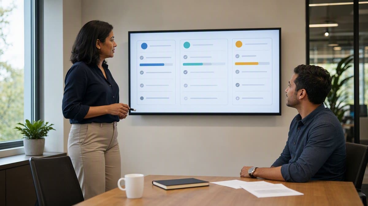 Operations leaders comparing Pipefy alternatives on a meeting room display