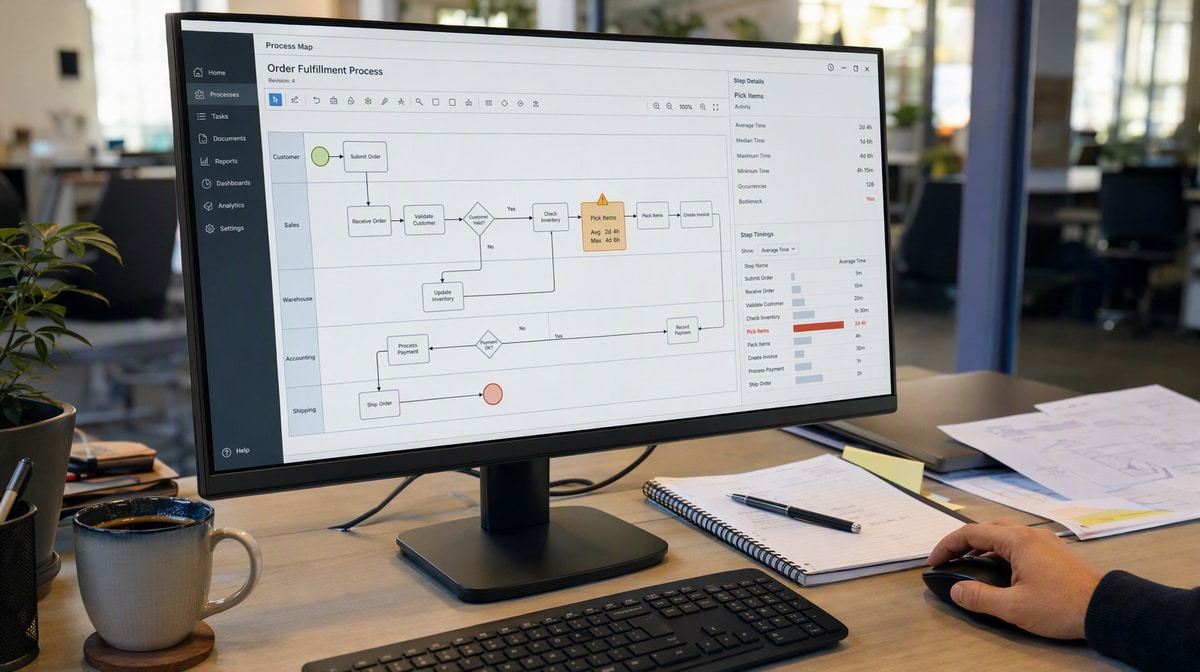 Desk monitor showing a swimlane process map with a highlighted bottleneck step and step timing data