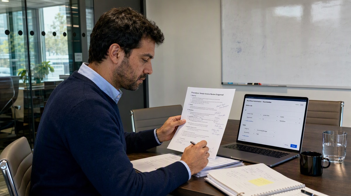 Business analyst annotating a printed procedure beside a laptop showing a workflow automation rule builder