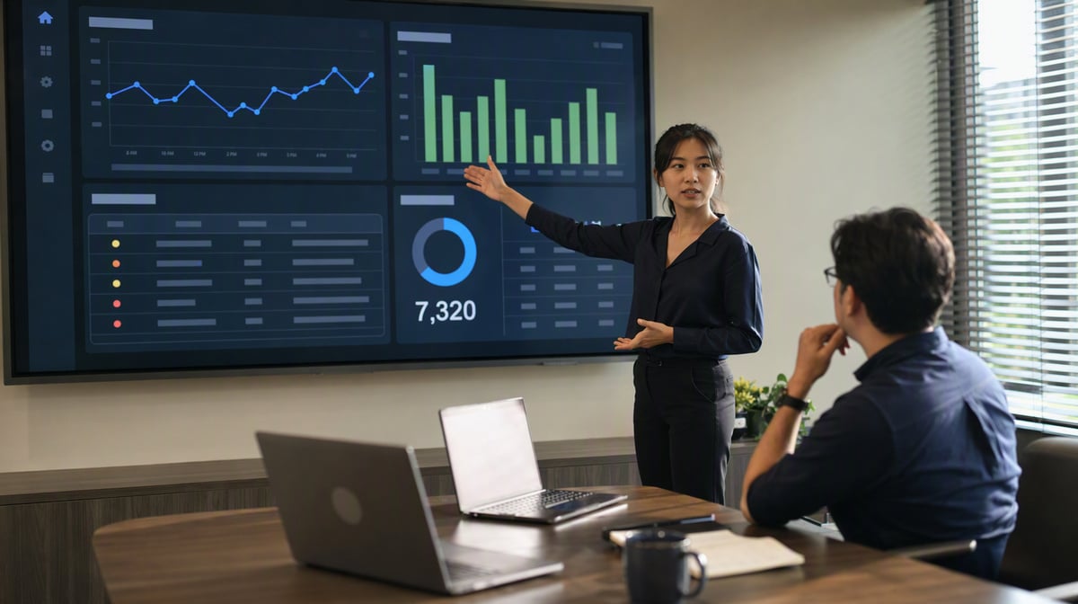 Operations lead presenting cycle time and error rate dashboard measures to a colleague