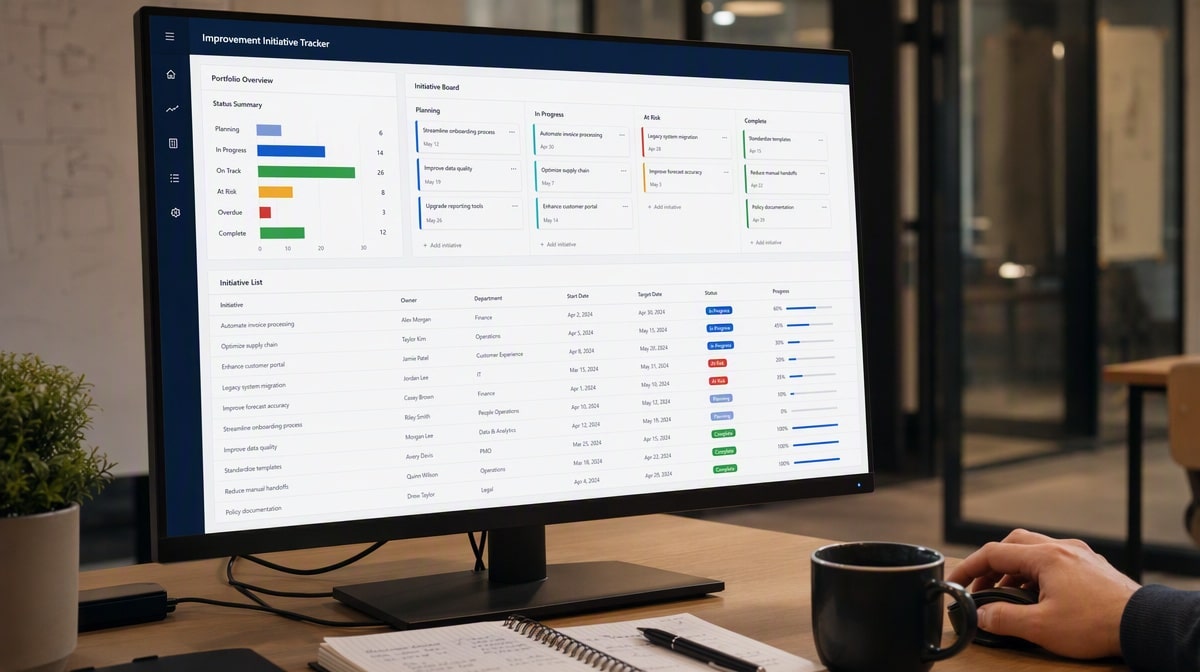Desk monitor showing an improvement initiative tracker board with status columns and a portfolio summary