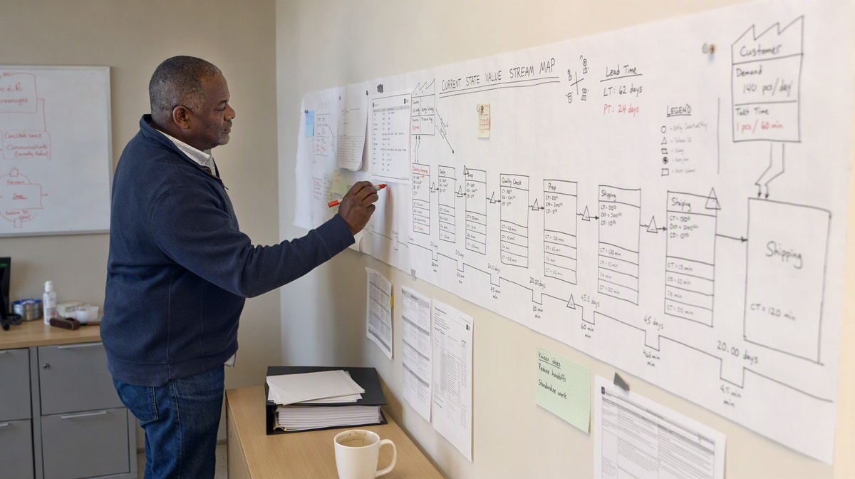 Operations manager annotating a current state value stream map taped across an office wall