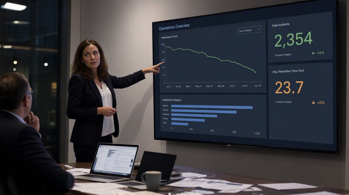 Operations lead presenting a performance trend and resolution time dashboard on a wall display