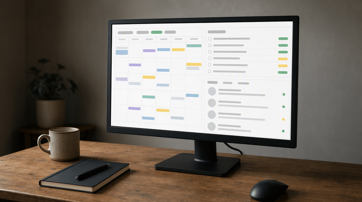 Home office monitor displaying a remote work schedule and team task dashboard