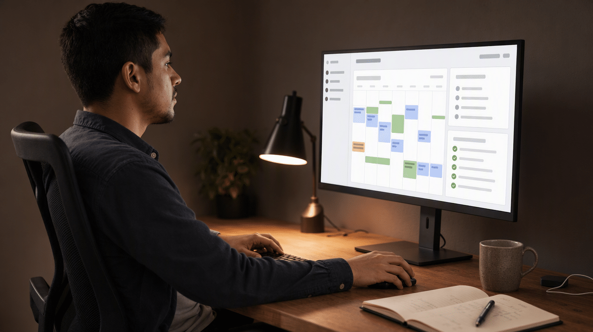 Remote professional following a structured workday in a home office