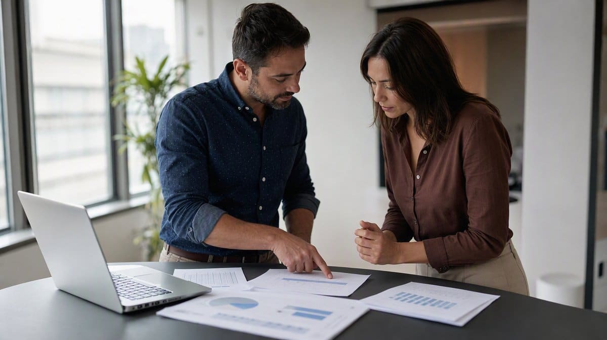 Two colleagues comparing printed market pay data beside a laptop at an office table