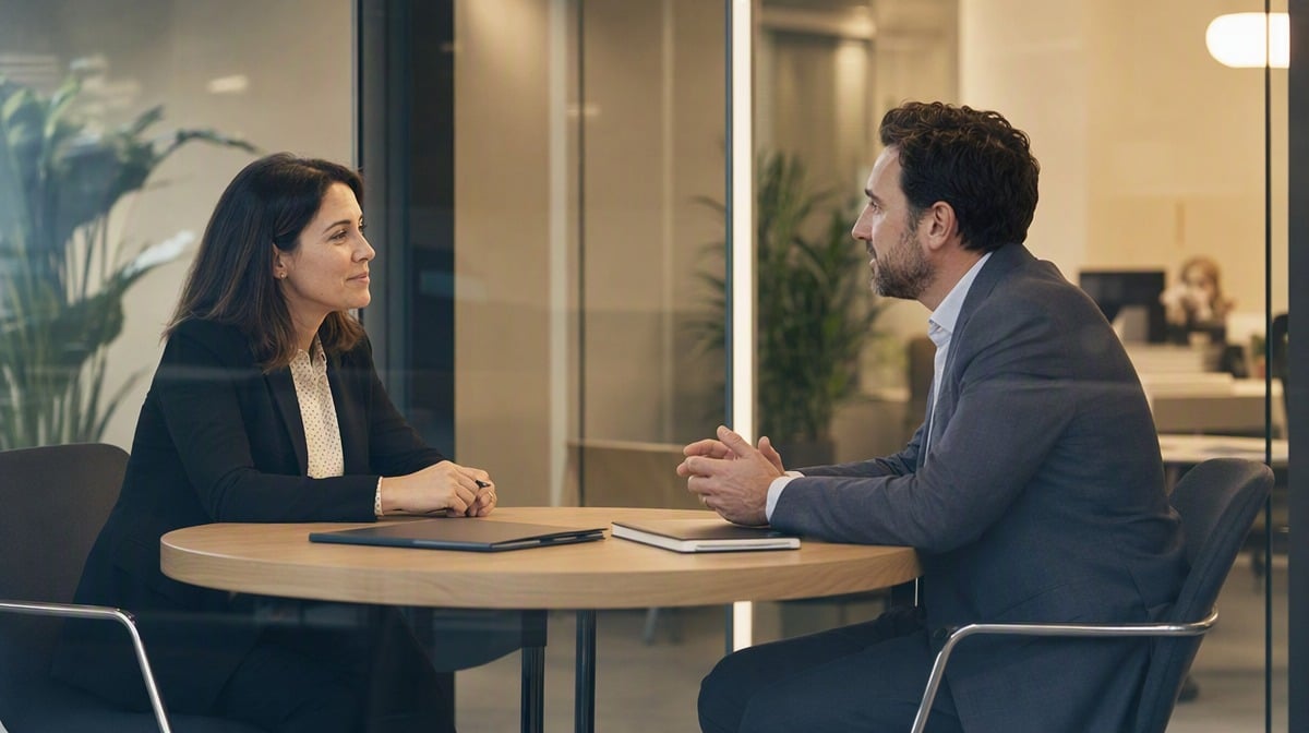 Manager and employee having a calm one-to-one pay conversation at a meeting table