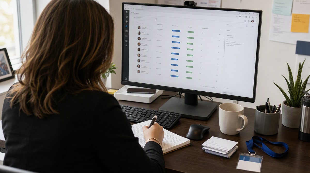 Professional writing follow up notes after a networking event beside a contact list on screen