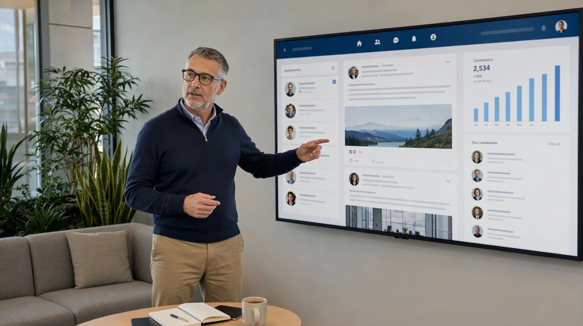 Manager pointing at a professional social network dashboard on a wall display