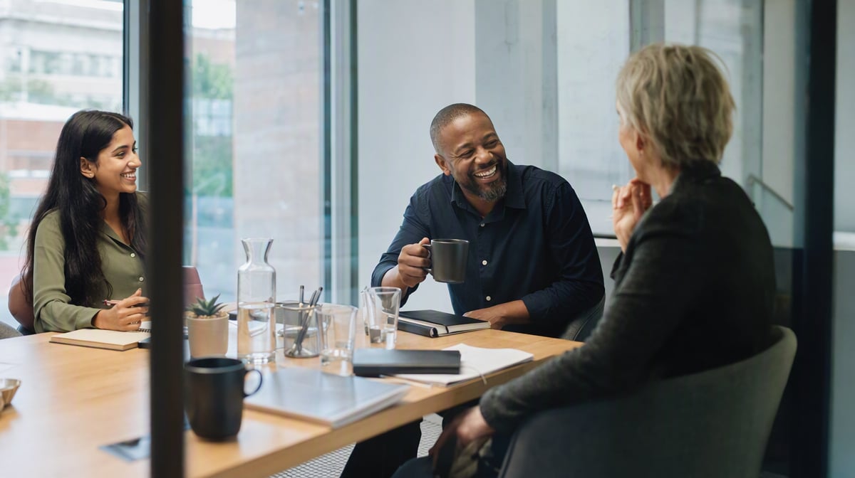 Three colleagues in a relaxed conversation over coffee in a meeting room