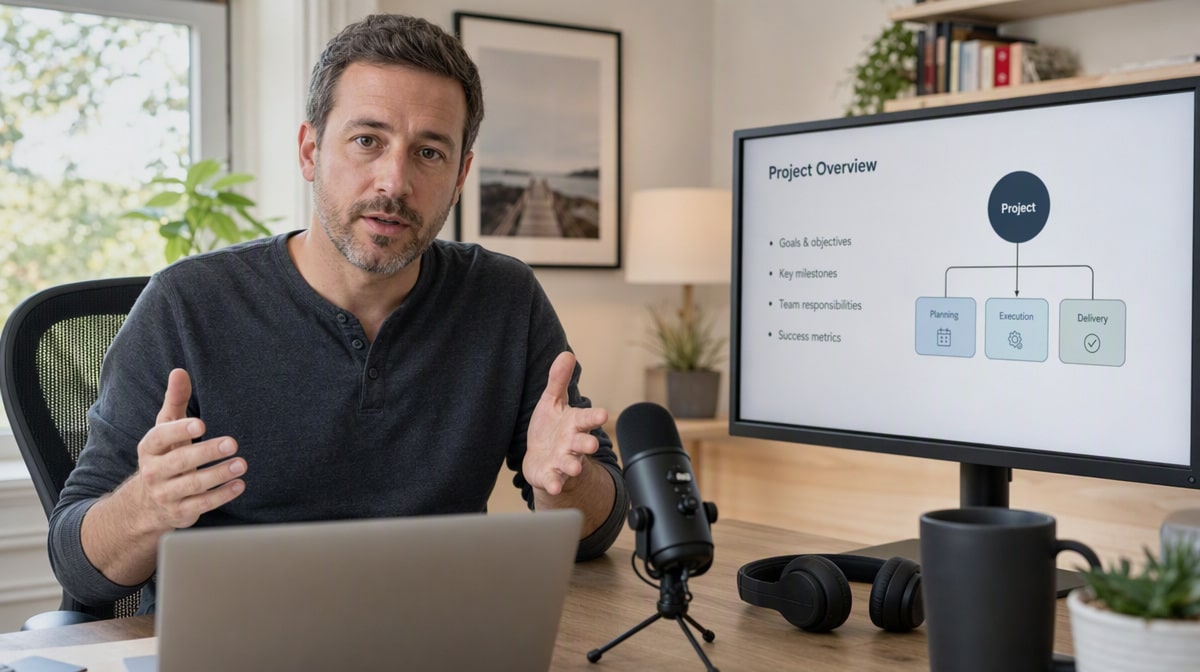 Trainer recording a screen-share walkthrough video with a slide and diagram on the monitor behind him