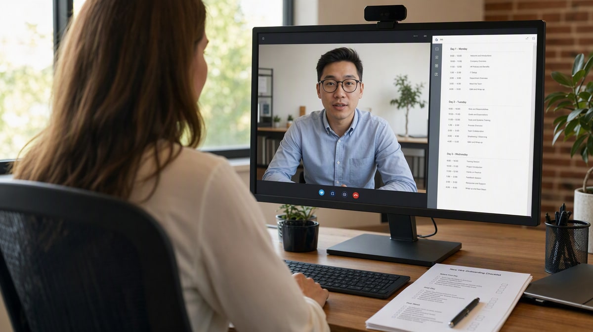 HR manager running a first-week onboarding video call with a new remote hire beside a day-by-day schedule